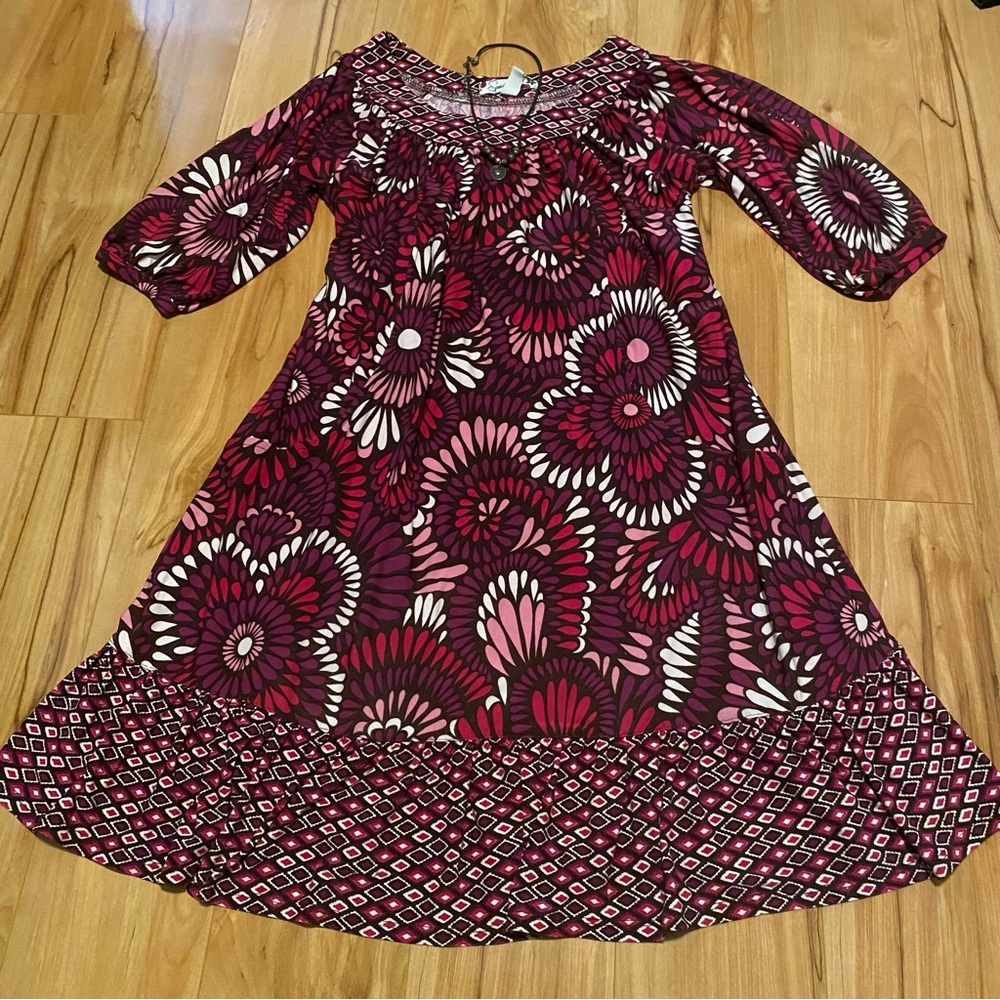 Speechless Burgundy and Pink Floral Kids Dress—size10 with matching necklace